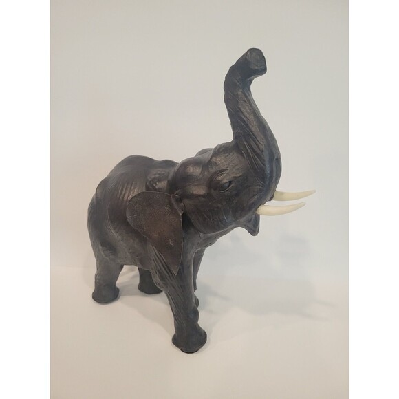 Elephant Black Leather Wrapped Vintage 13-14” Lucky Trunk Up Sculpture Statue - Picture 3 of 12